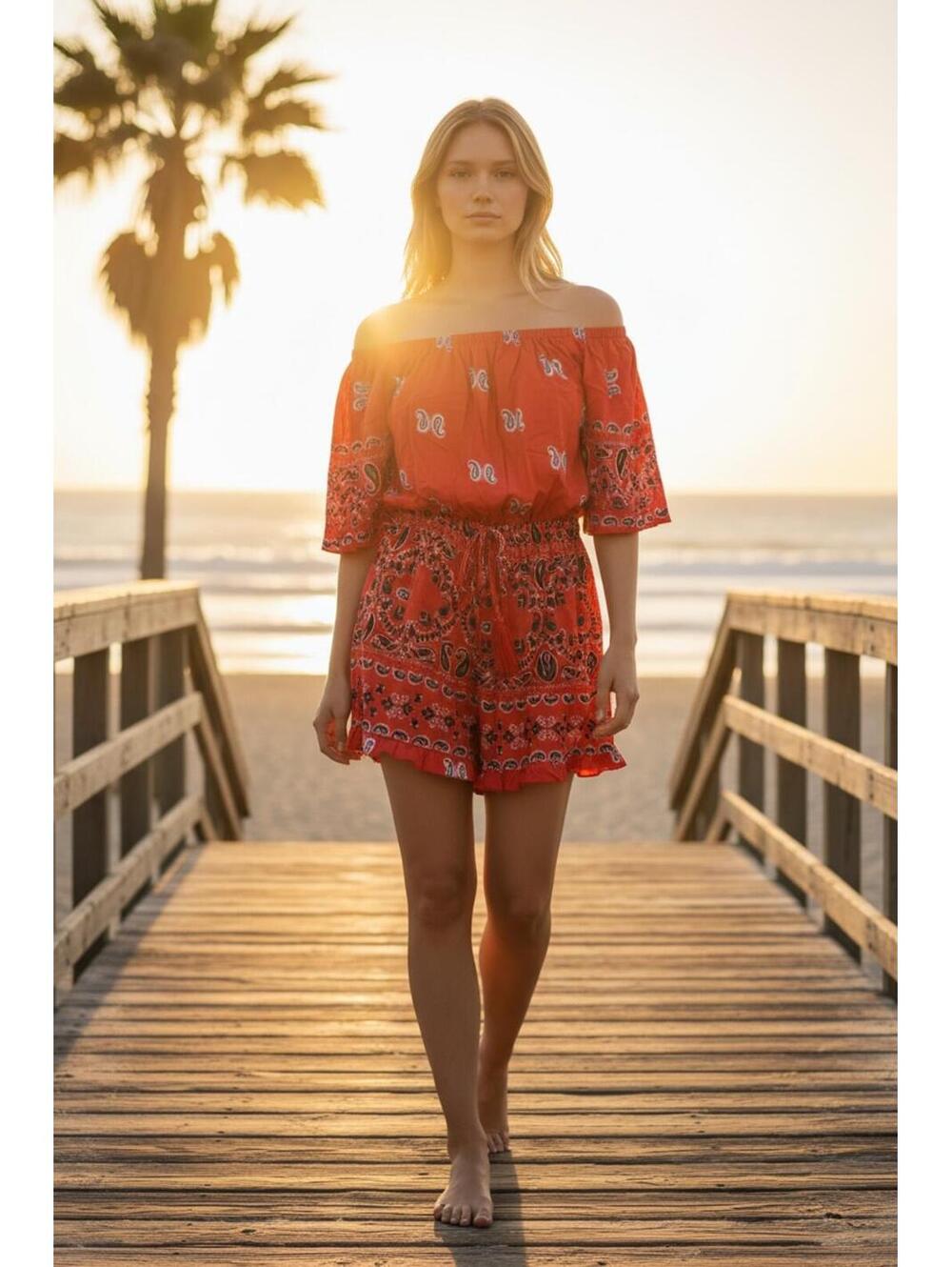 Venus Red Off-Shoulder Paisley Print Romper